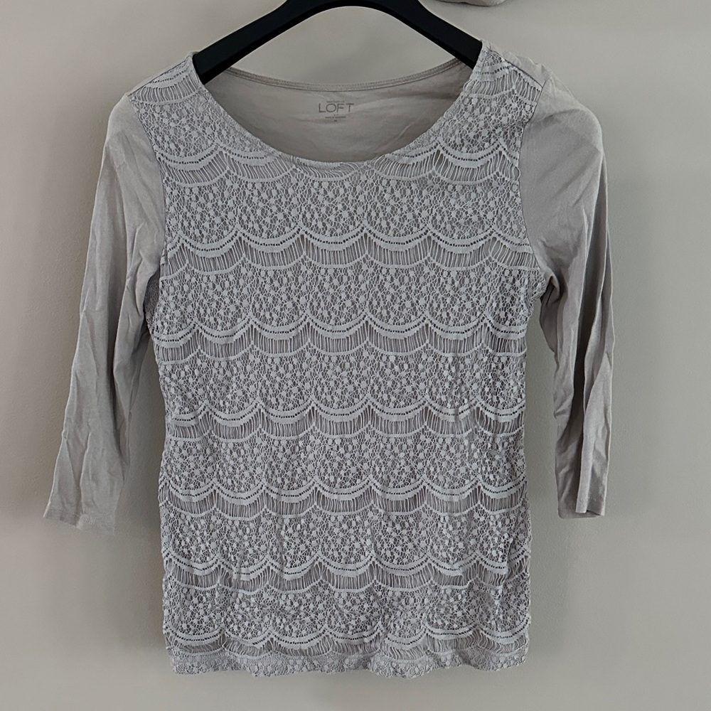 LOFT Gray Lace Detail Top